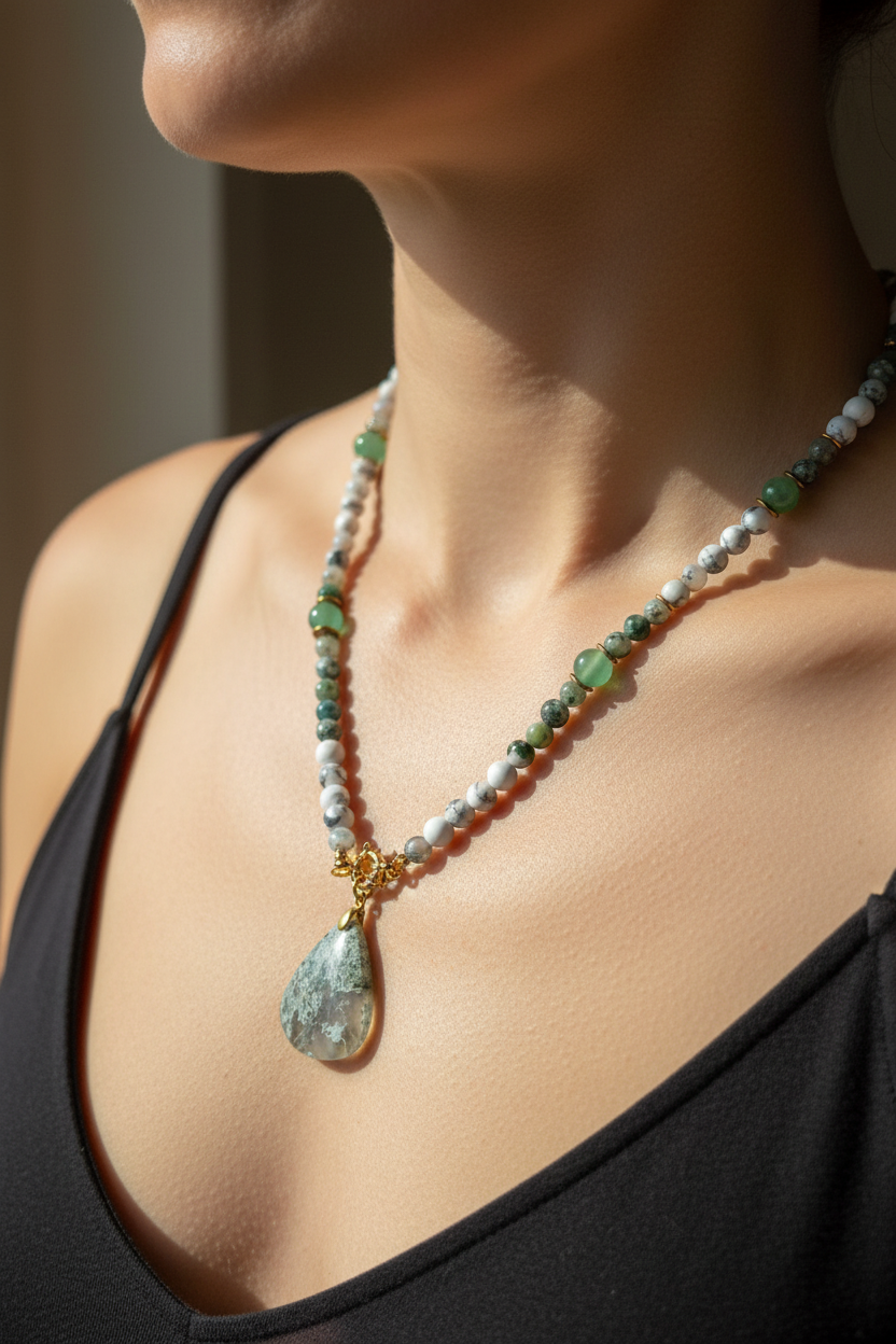 Collier Agate Arbre, Aventurine verte, Howlite