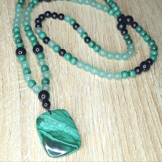 Collier Malachite, Obsidienne noire, Aventurine verte