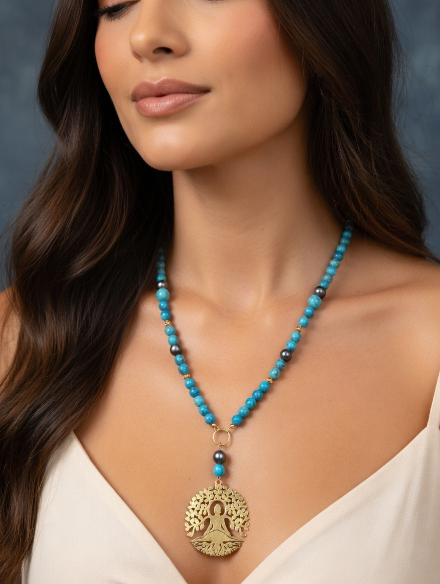 Collier Turquoise, Pyrite, pendentif Bouddha