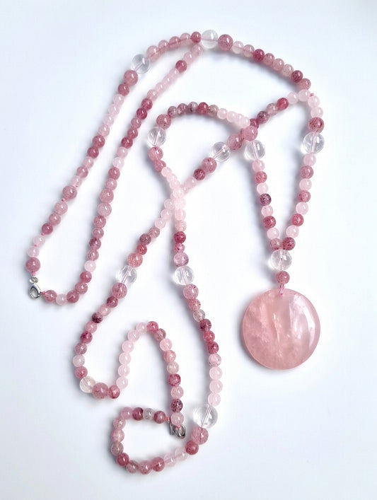 Collier Quartz fraise, Quartz rose, Cristal de roche
