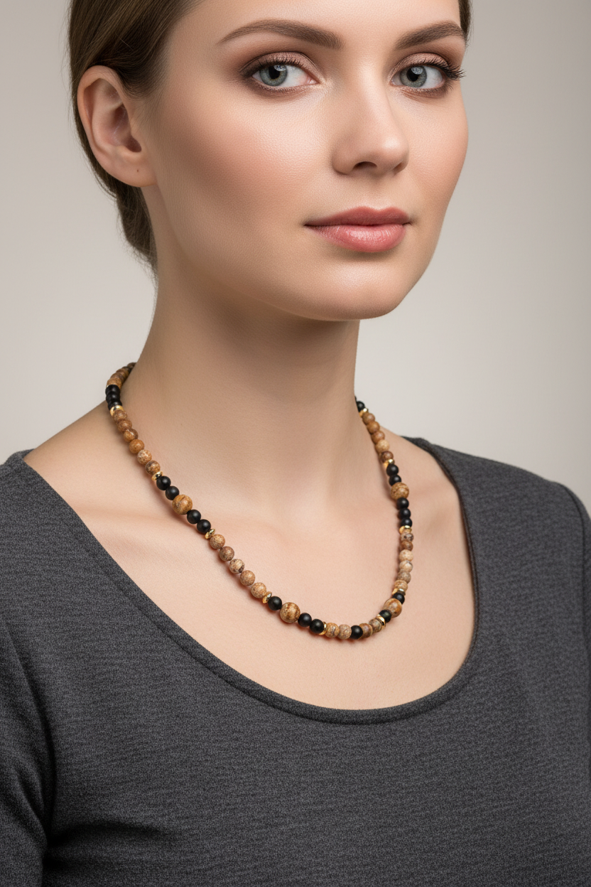 Collier Jaspe Paysage, Onyx noir mat