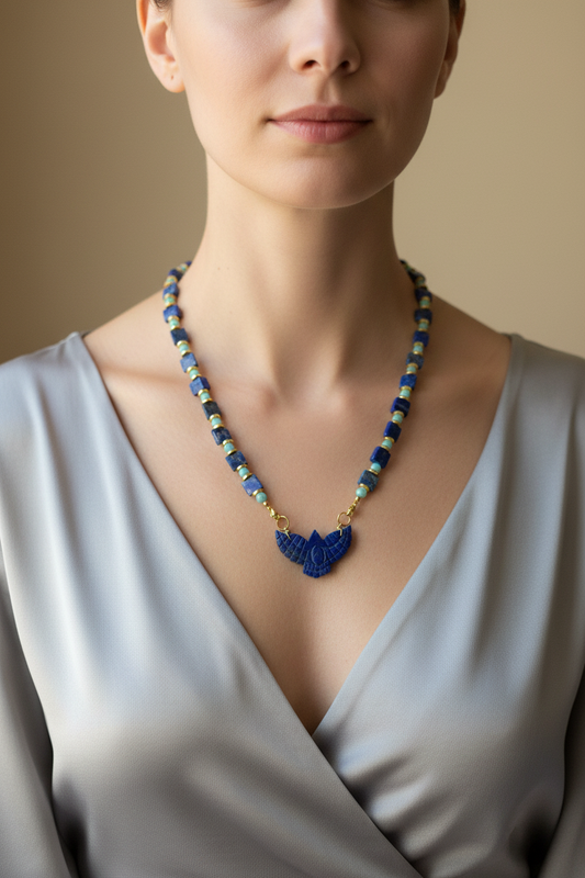 Collier Lapis Lazuli, Amazonite, pendentif Faucon