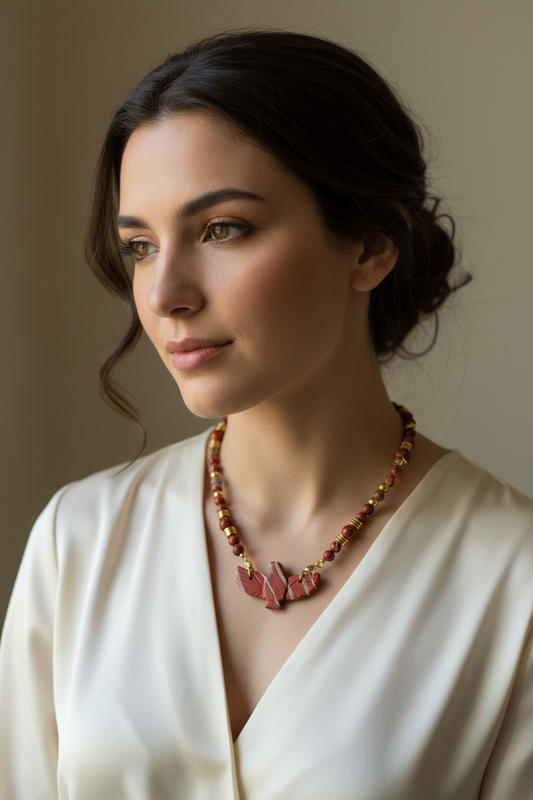 Collier Jaspe rouge, Hématite, pendentif Faucon