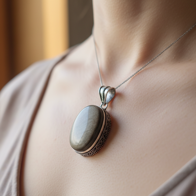 Pendentif Obsidienne dorée, argent 925
