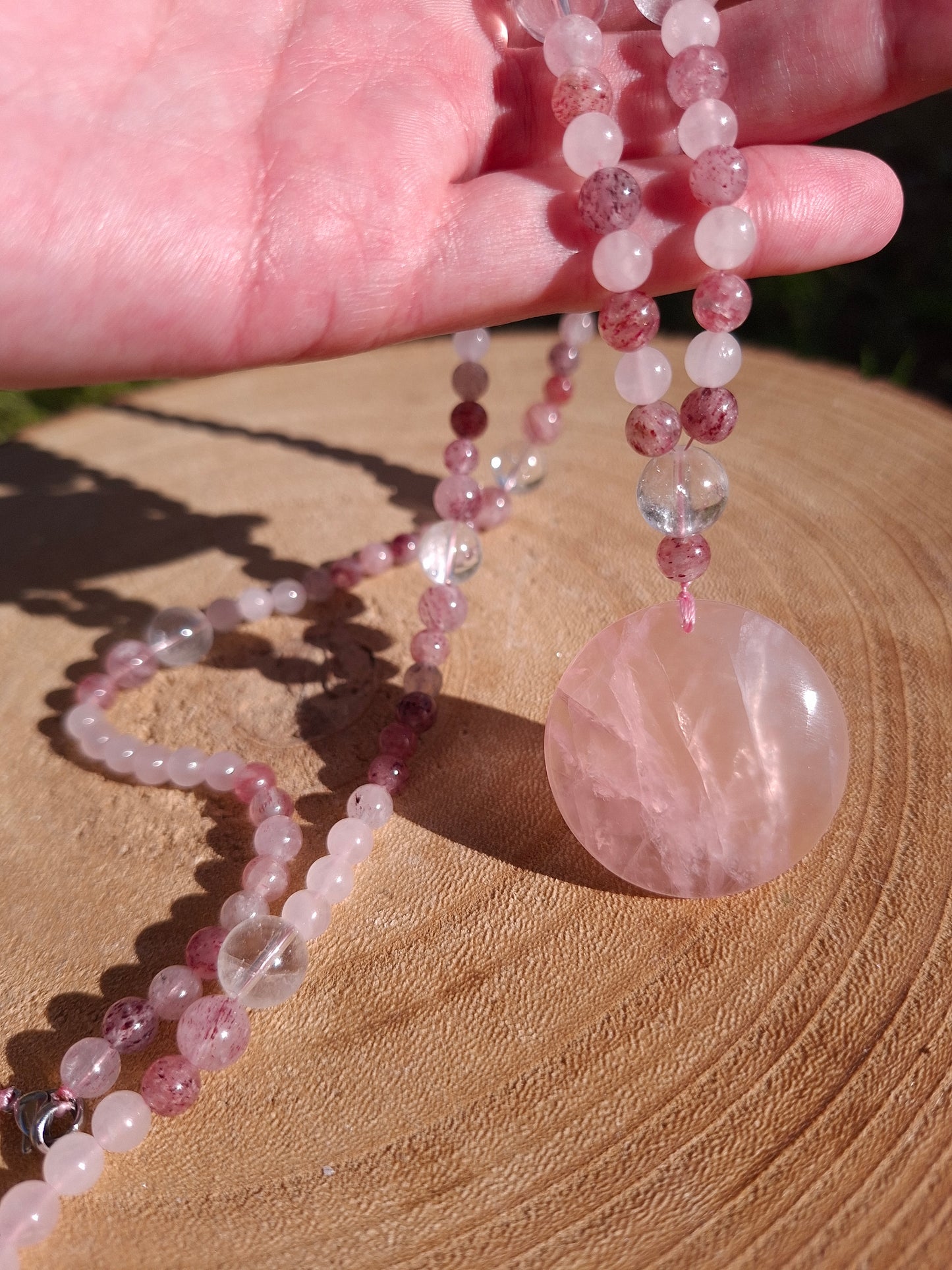 Collier Quartz fraise, Quartz rose, Cristal de roche