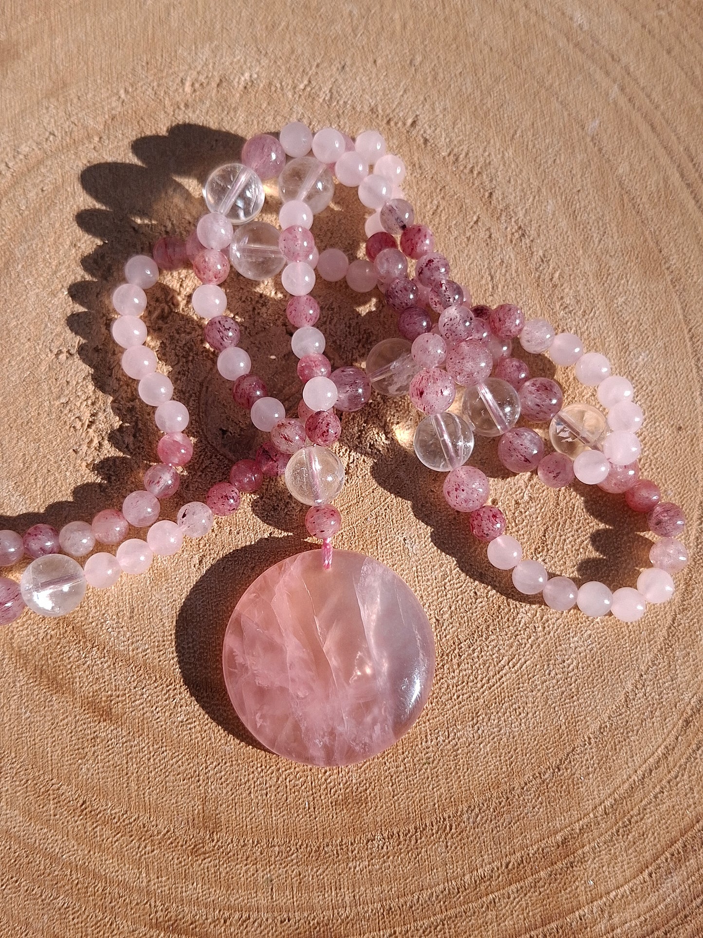 Collier Quartz fraise, Quartz rose, Cristal de roche