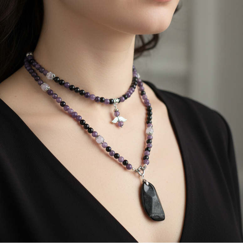 Collier Lépidolite, Onyx noir, Améthyste Lavande