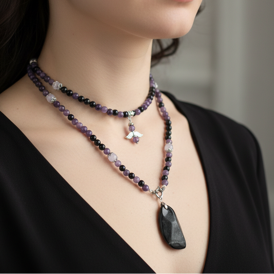 Collier Lépidolite, Onyx noir, Améthyste Lavande