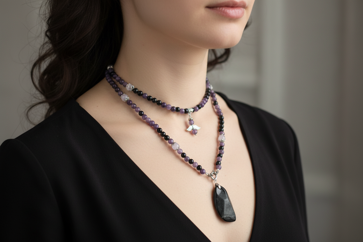 Collier Lépidolite, Onyx noir, Améthyste Lavande