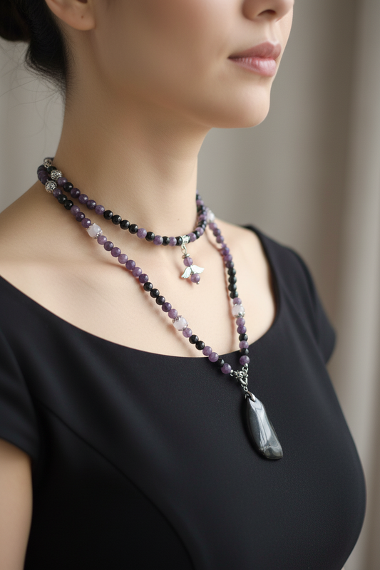 Collier Lépidolite, Onyx noir, Améthyste Lavande