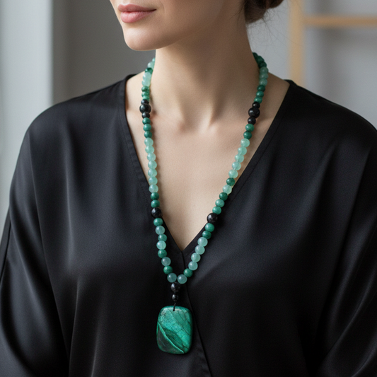 Collier Malachite, Obsidienne noire, Aventurine verte