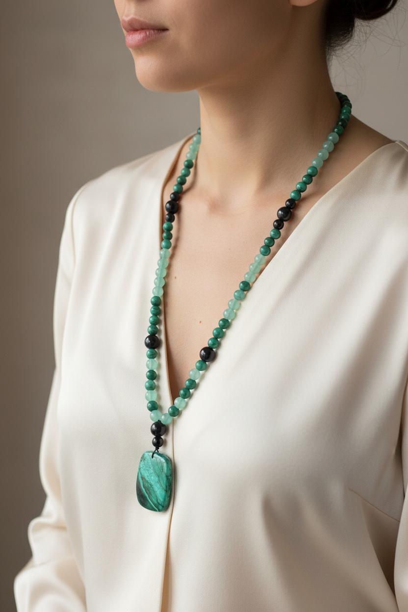 Collier Malachite, Obsidienne noire, Aventurine verte