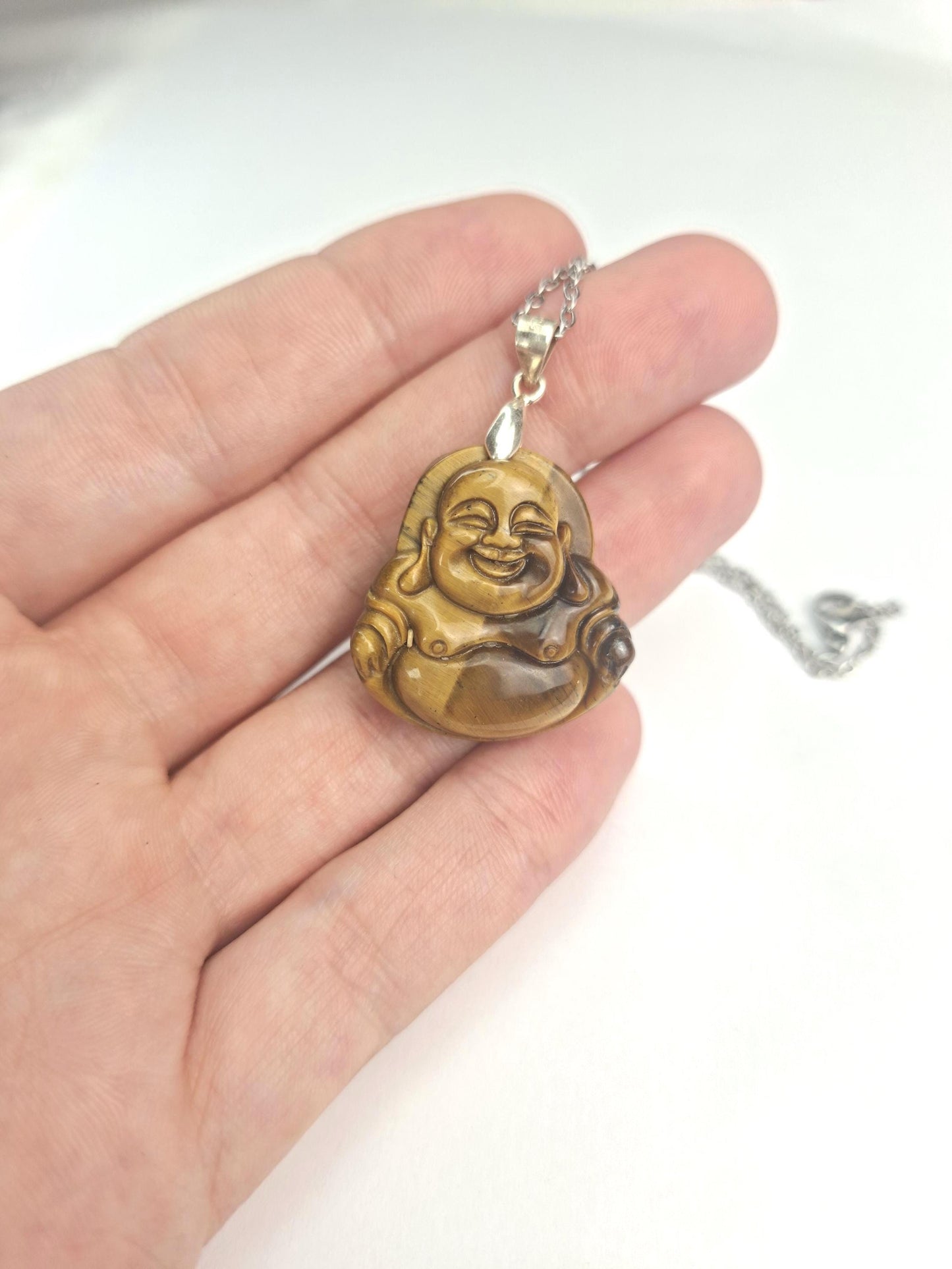 Pendentif Oeil de tigre, Bouddha rieur, argent 925