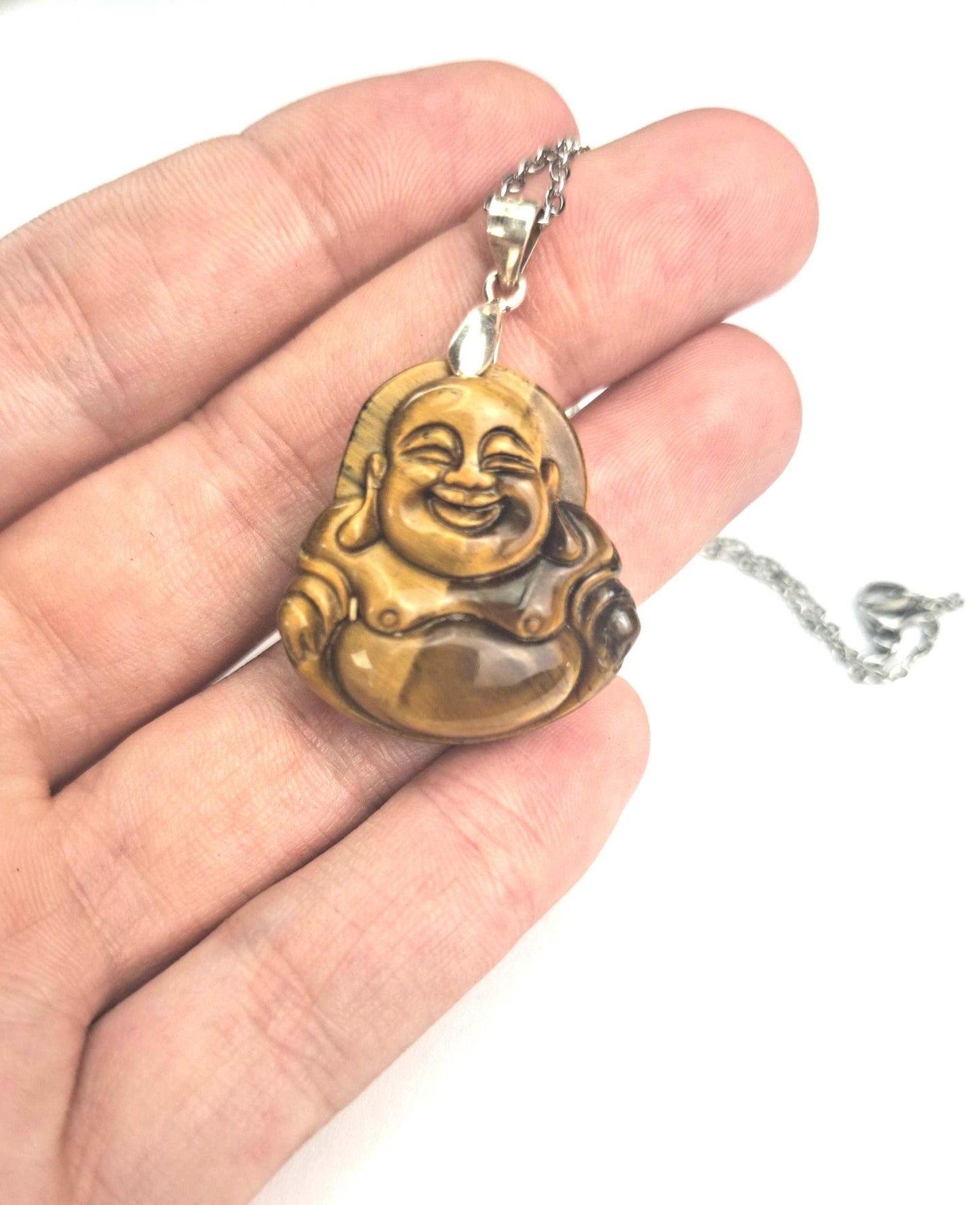 Pendentif Oeil de tigre, Bouddha rieur, argent 925