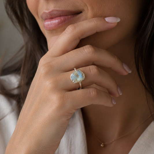 Bague Pierre de lune brute, plaqué argent
