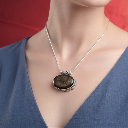 Pendentif Obsidienne dorée, argent 925