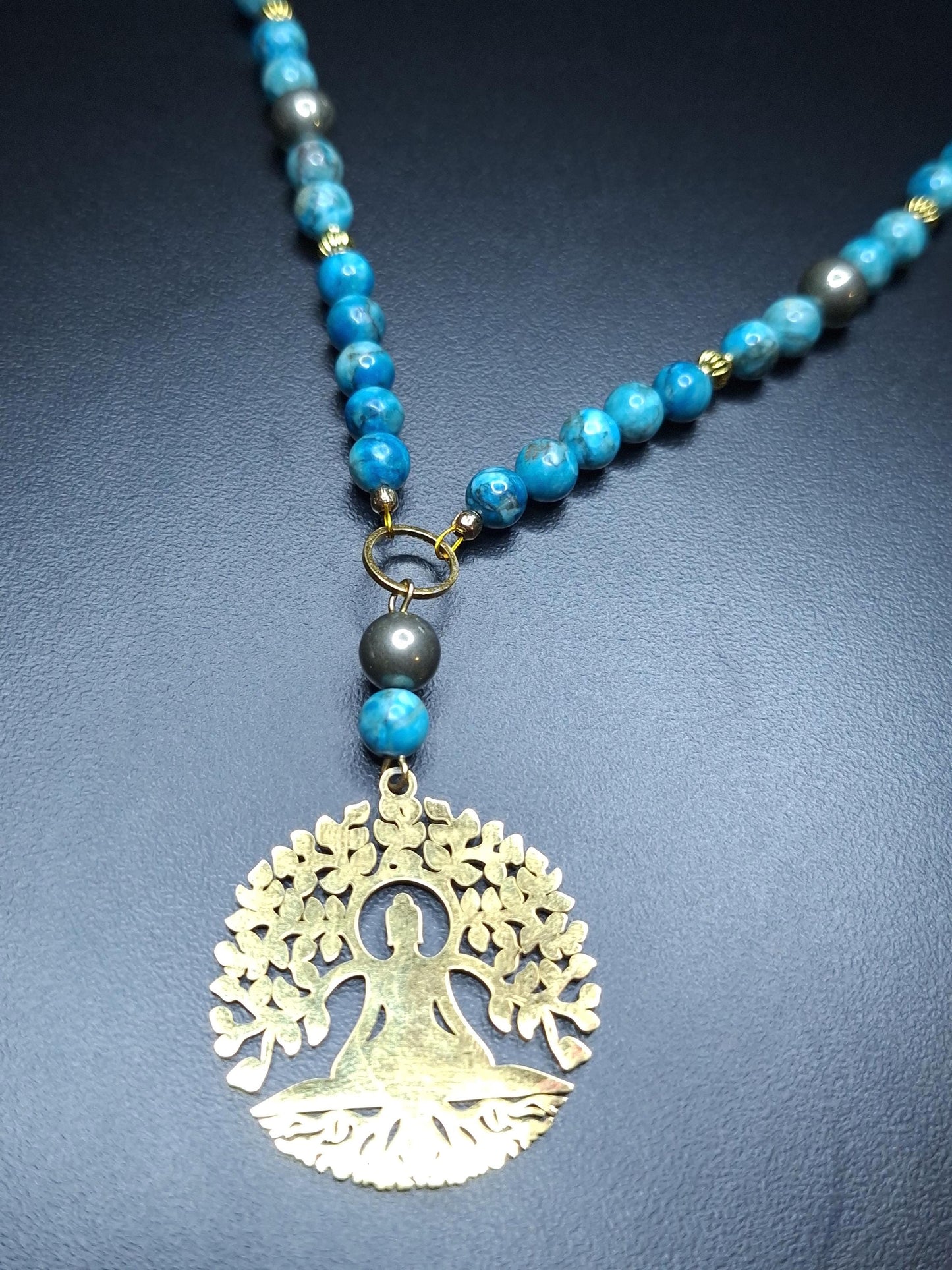 Collier Turquoise, Pyrite, pendentif Bouddha