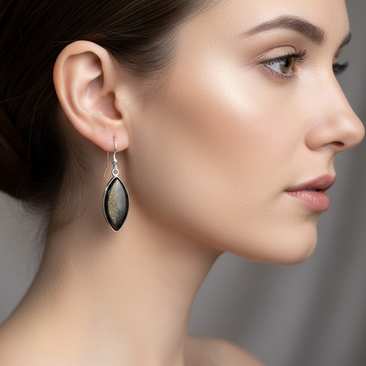 Boucles d'oreilles Obsidienne dorée, argent 925