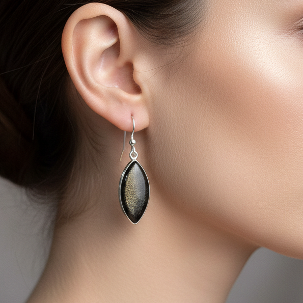 Boucles d'oreilles Obsidienne dorée, argent 925