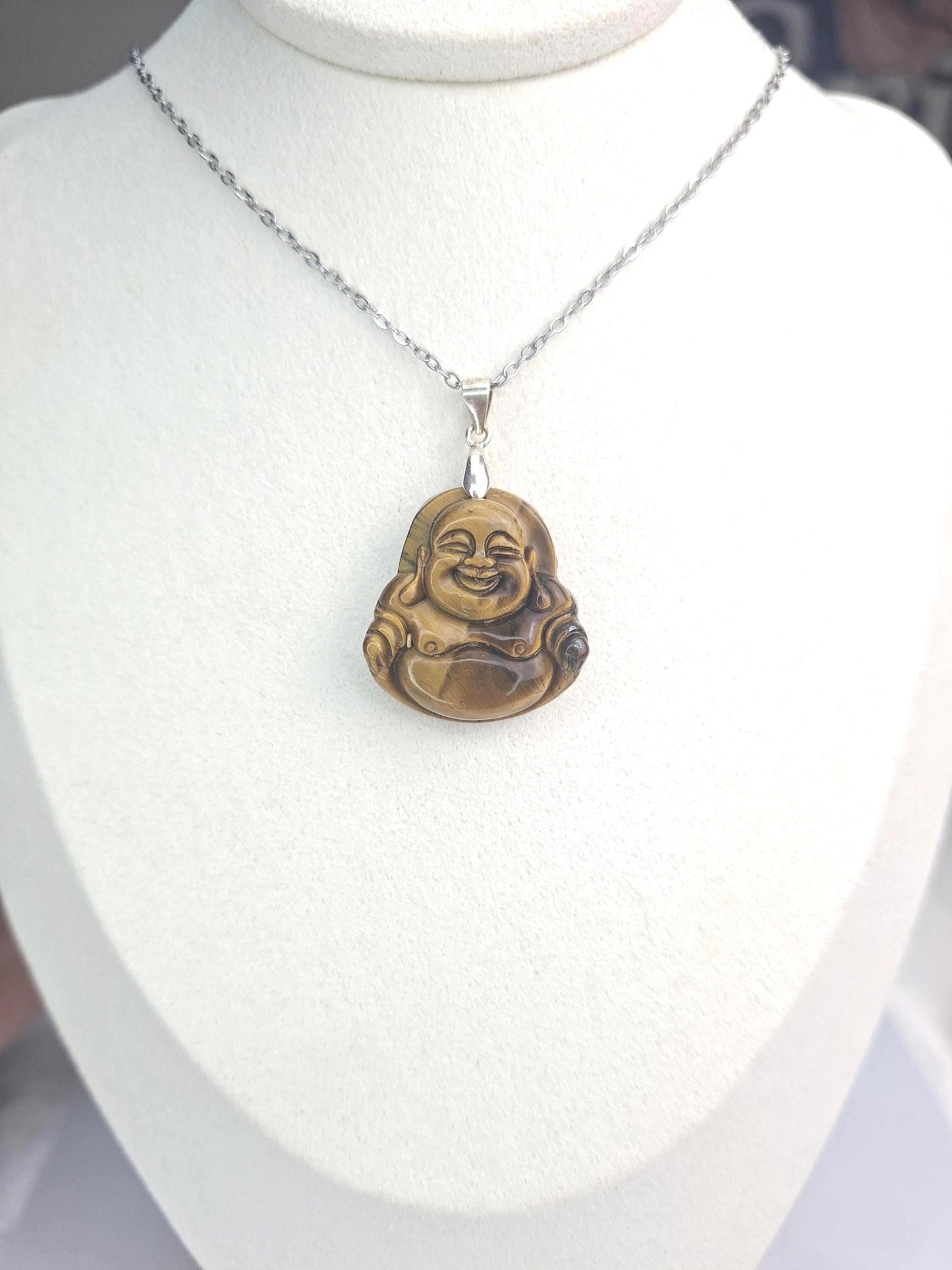 Pendentif Oeil de tigre, Bouddha rieur, argent 925