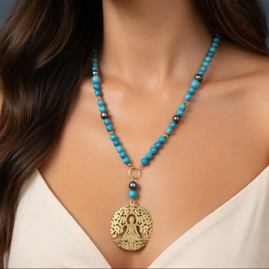 Collier Turquoise, Pyrite, pendentif Bouddha