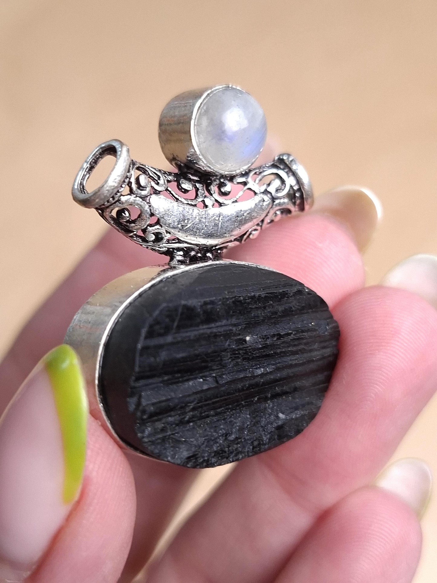 Pendentif Tourmaline, Pierre de lune, argent 925