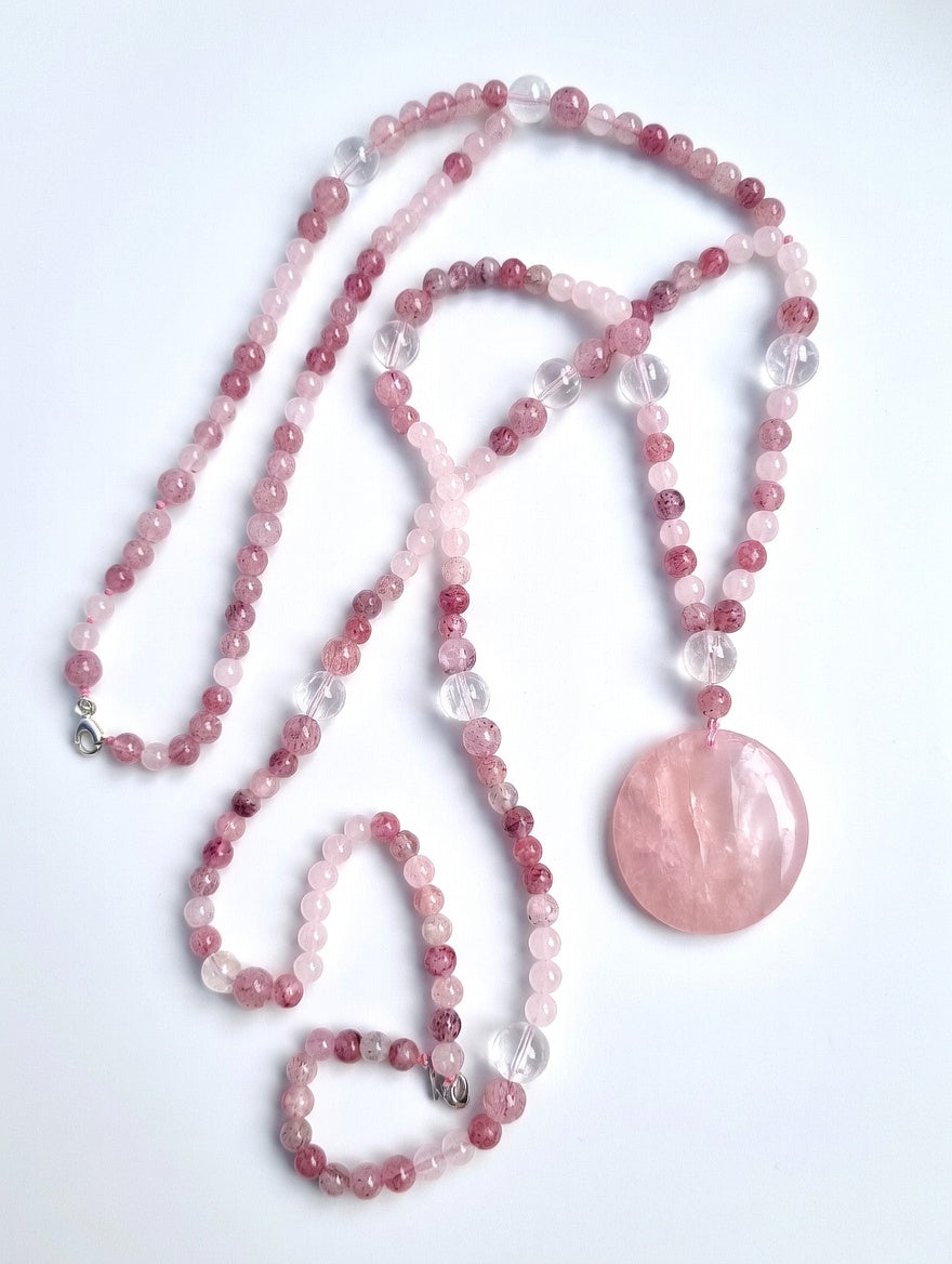 Collier Quartz fraise, Quartz rose, Cristal de roche