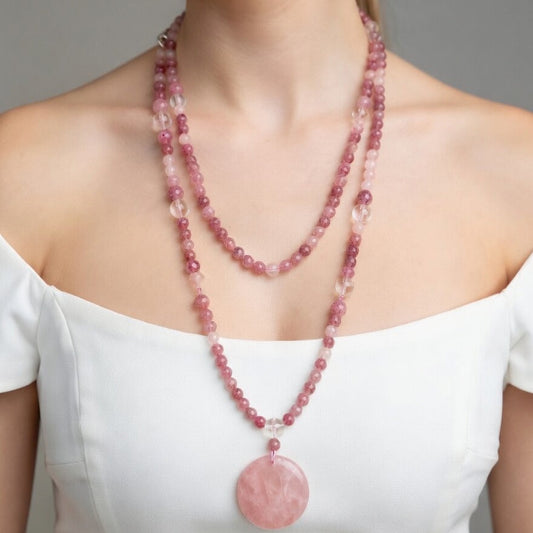 Collier Quartz fraise, Quartz rose, Cristal de roche