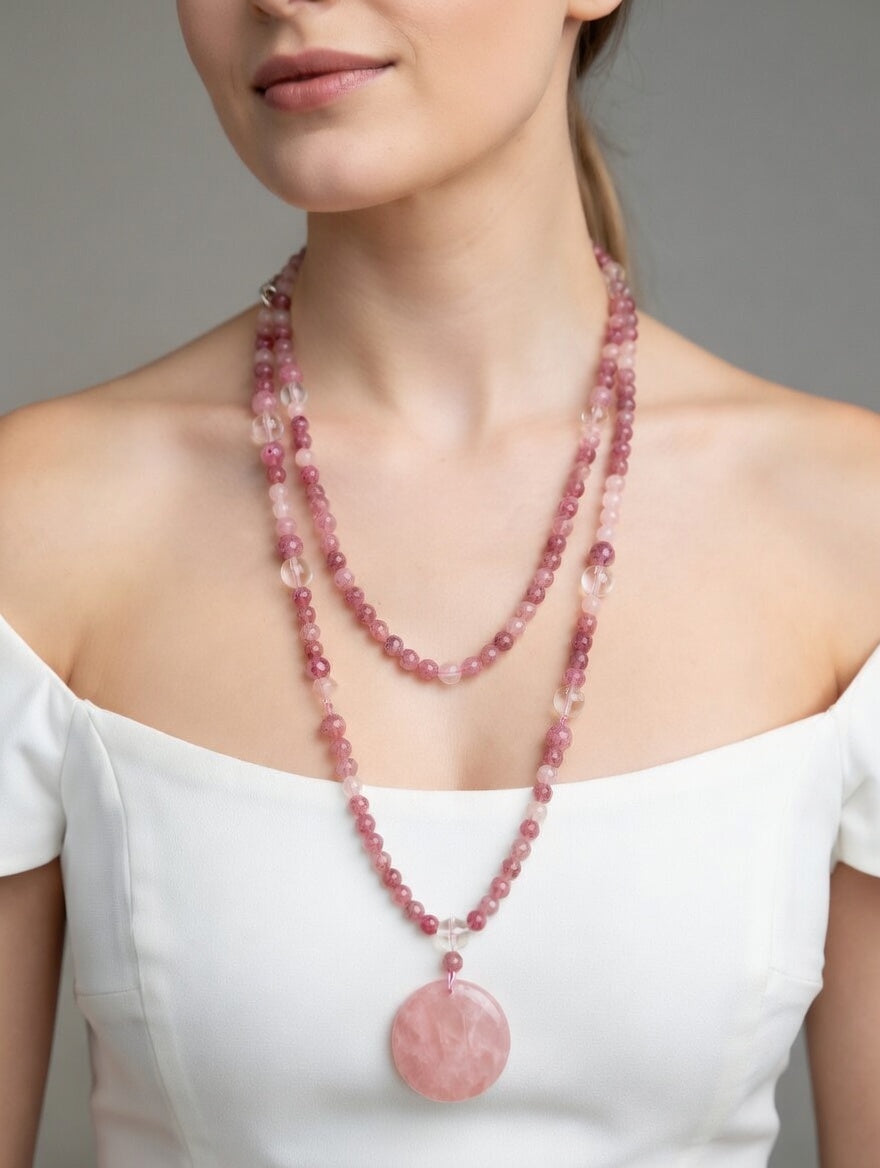 Collier Quartz fraise, Quartz rose, Cristal de roche