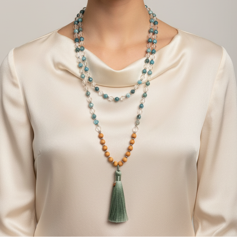 Mala Apatite bleue, Cristal de roche, bois