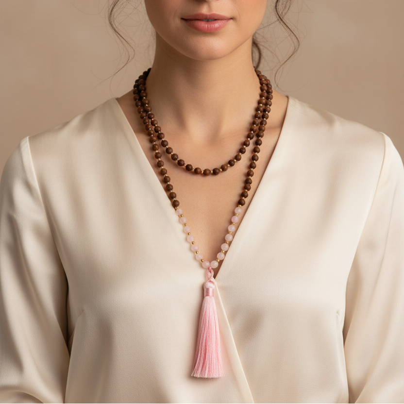 Mala Quartz rose, bois