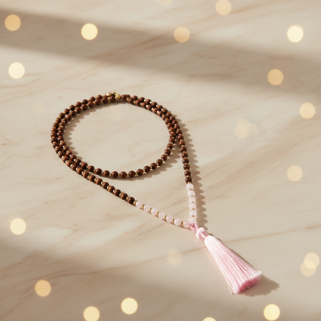 Mala Quartz rose, bois