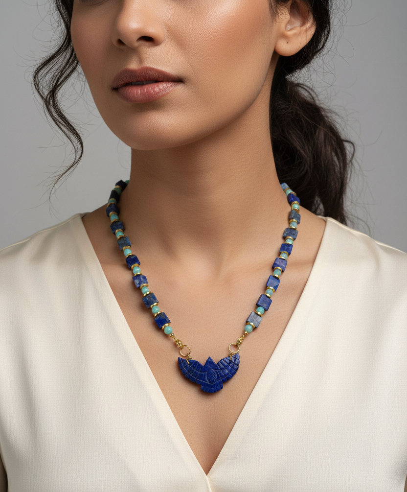 Collier Lapis Lazuli, Amazonite, pendentif Faucon