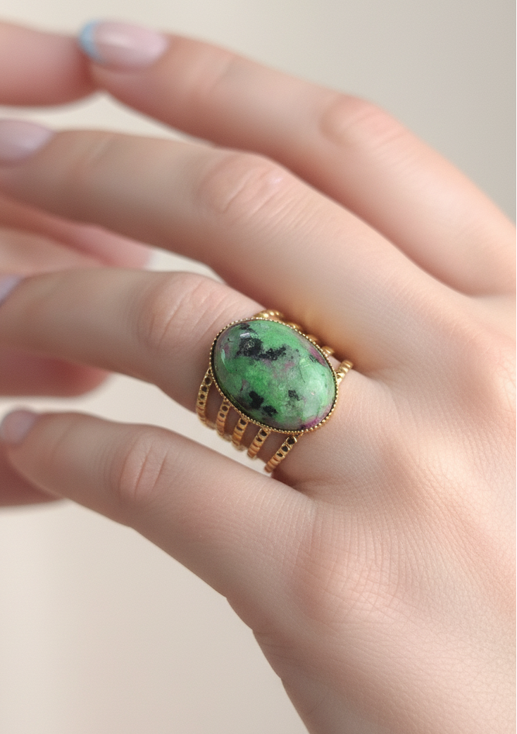 Bague Rubis sur Zoïsite, acier inoxydable