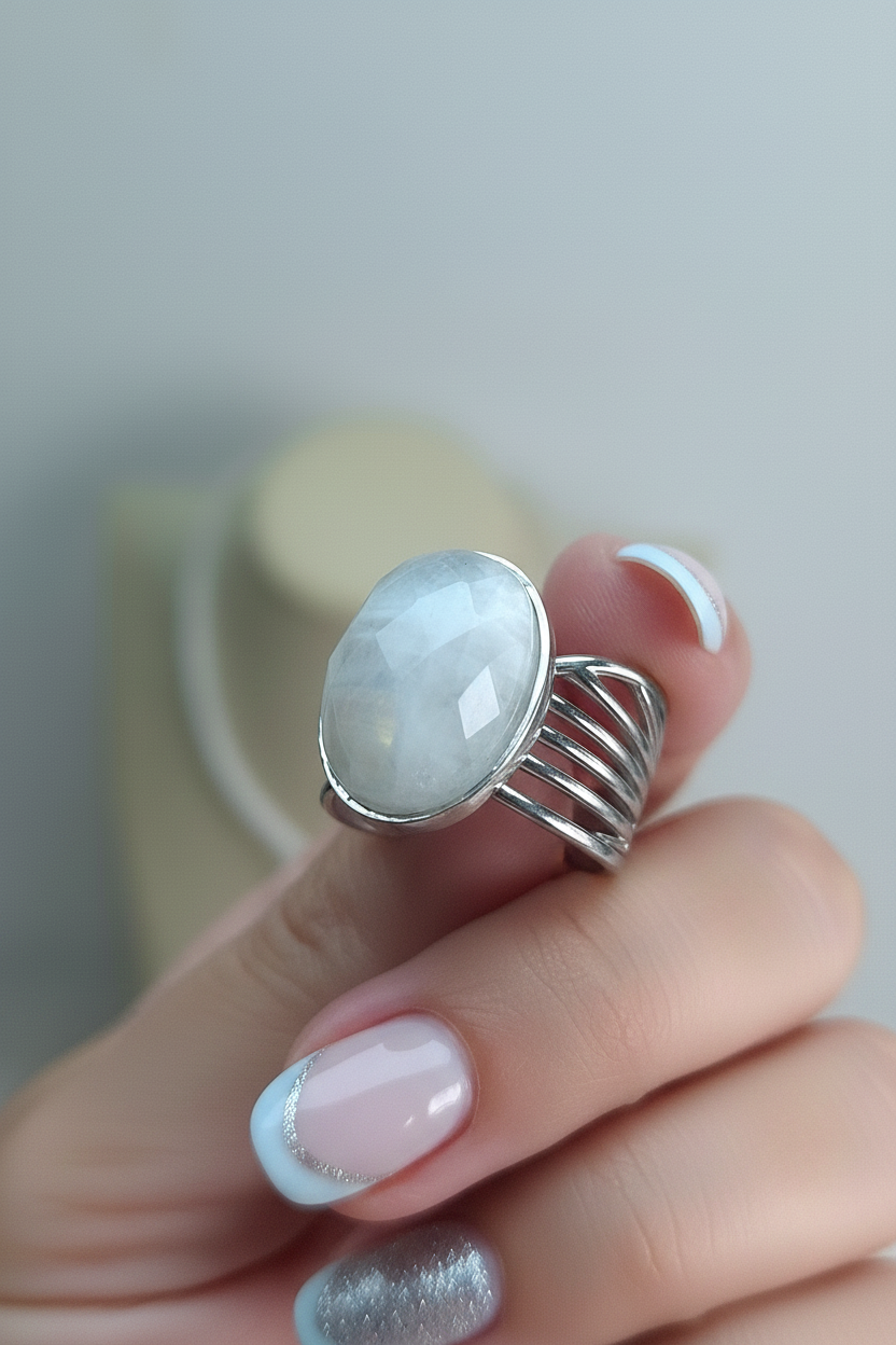 Bague Pierre de lune facettée, acier inoxydable