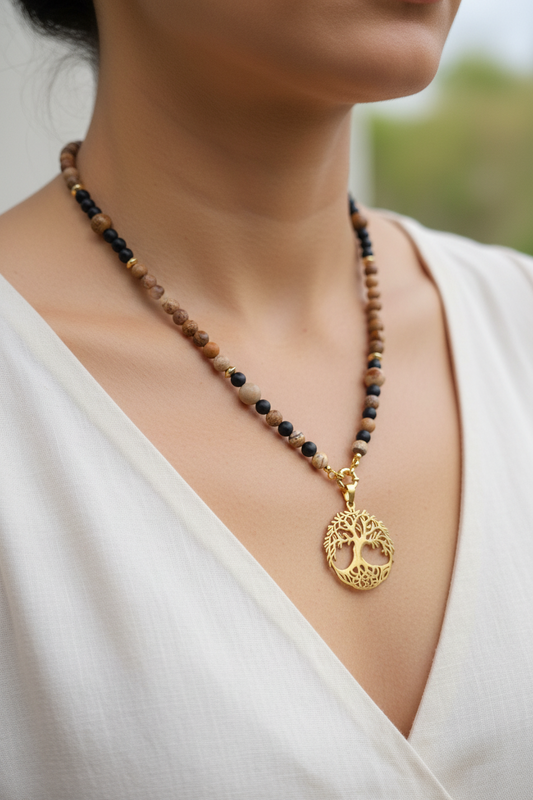 Collier Jaspe Paysage, Onyx noir mat