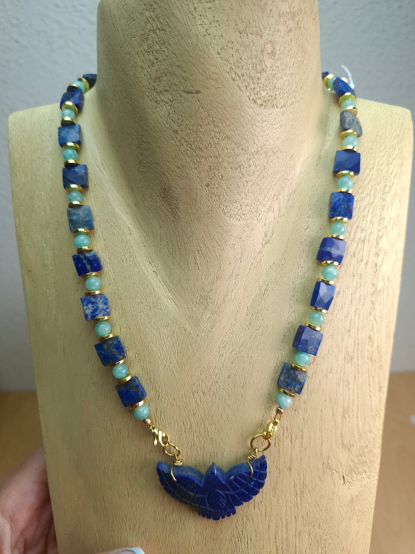 Collier Lapis Lazuli, Amazonite, pendentif Faucon