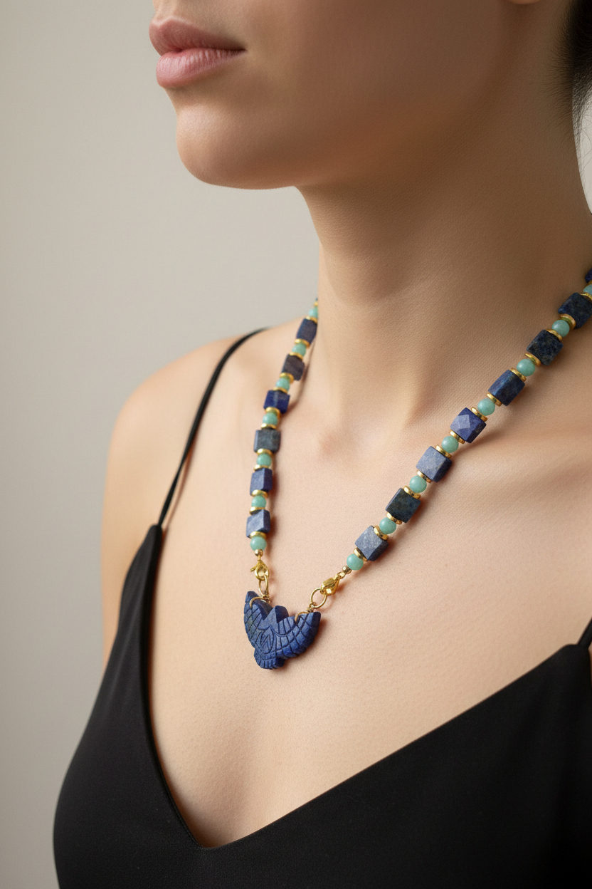 Collier Lapis Lazuli, Amazonite, pendentif Faucon
