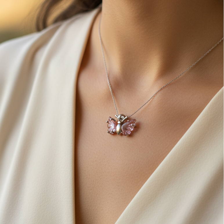 Pendentif Papillon Tourmaline rose, argent 925