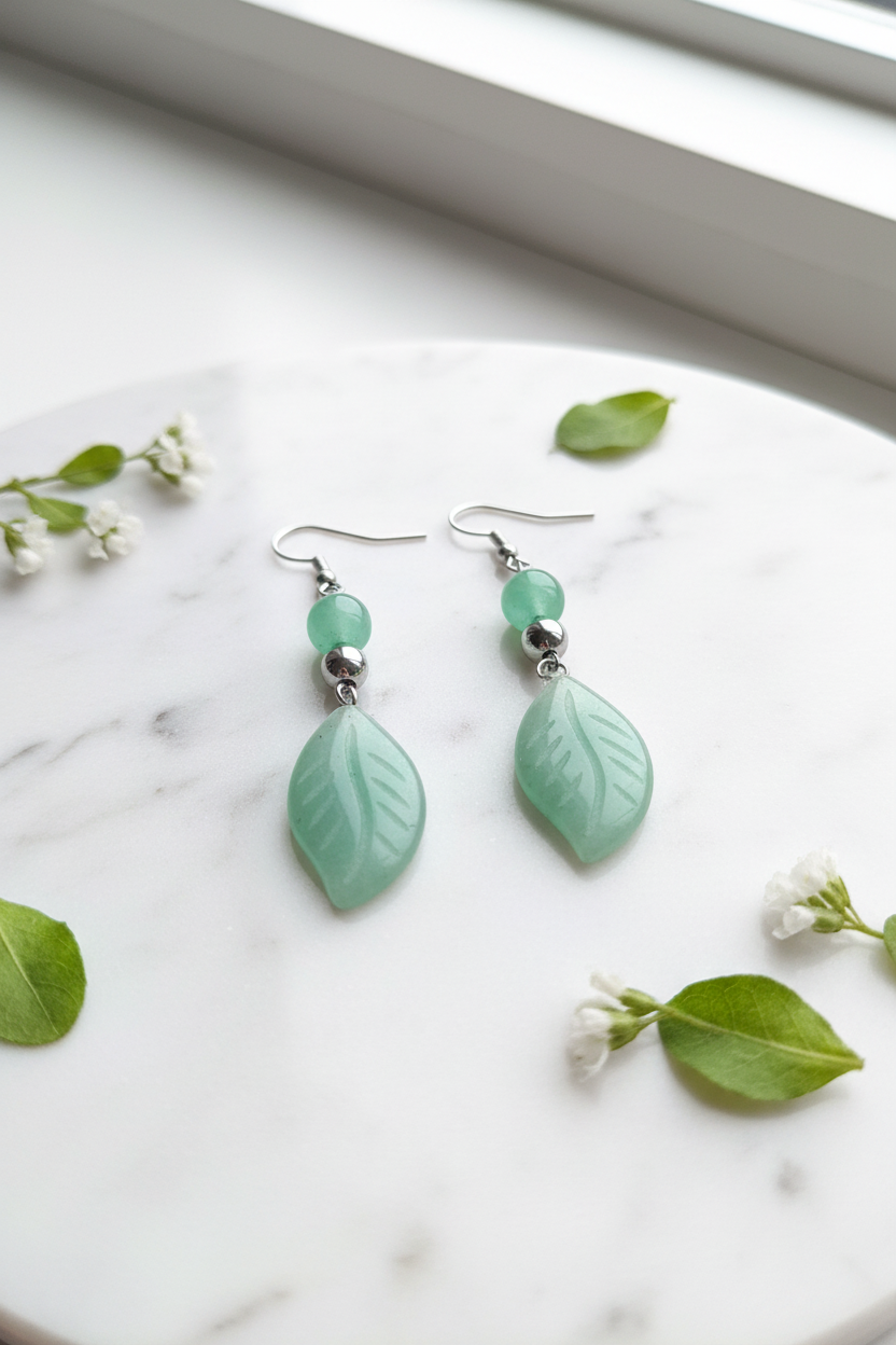 Boucles d'oreilles feuille Aventurine verte