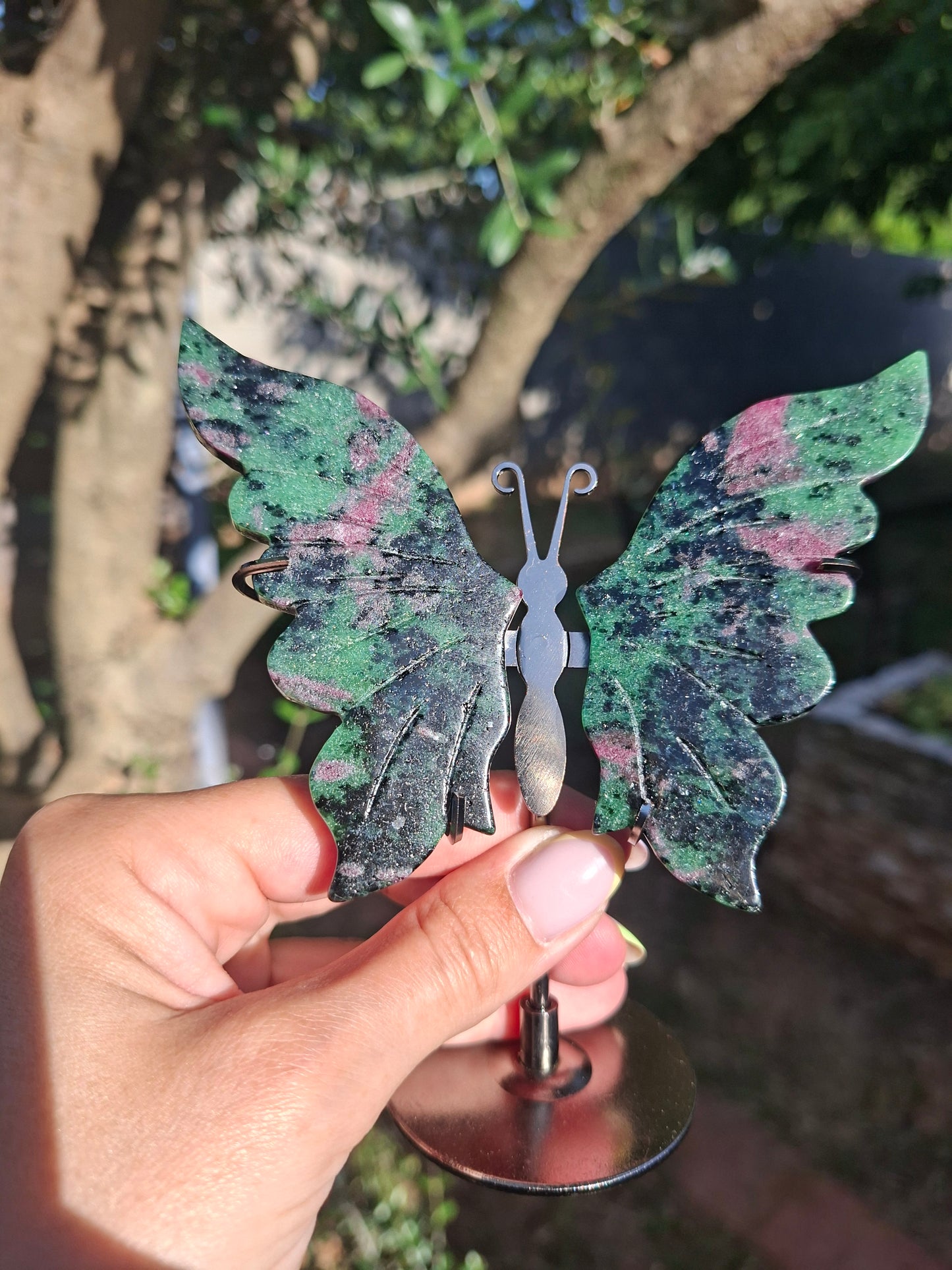 Papillon Rubis sur Zoïsite avec socle