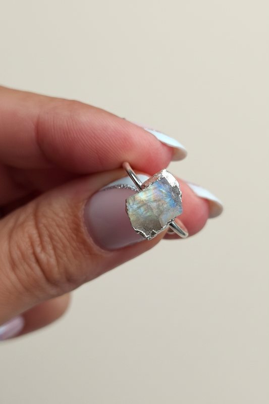Bague Pierre de lune brute, plaqué argent
