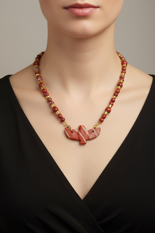 Collier Jaspe rouge, Hématite, pendentif Faucon