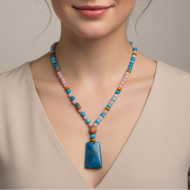 Collier Apatite bleue, Opale rose, bois