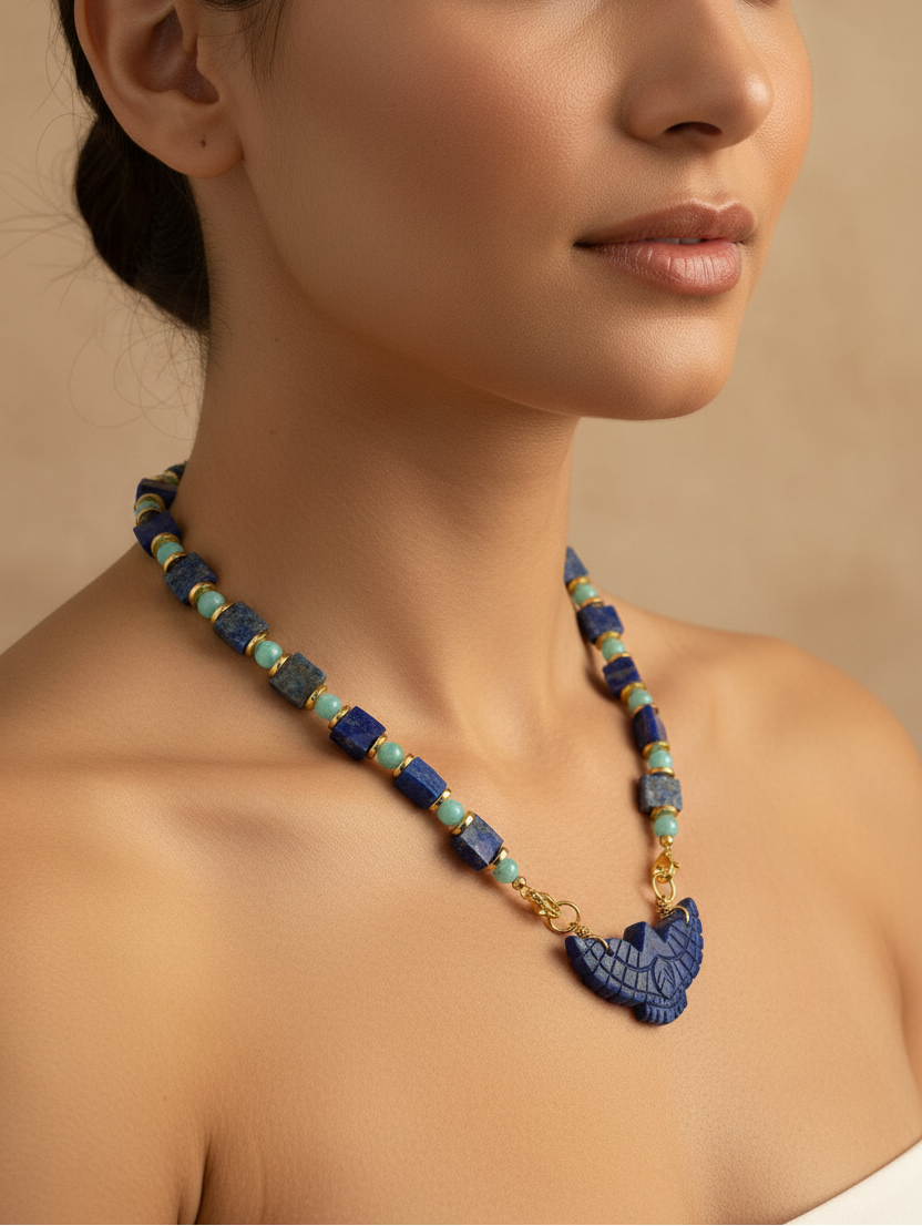 Collier Lapis Lazuli, Amazonite, pendentif Faucon