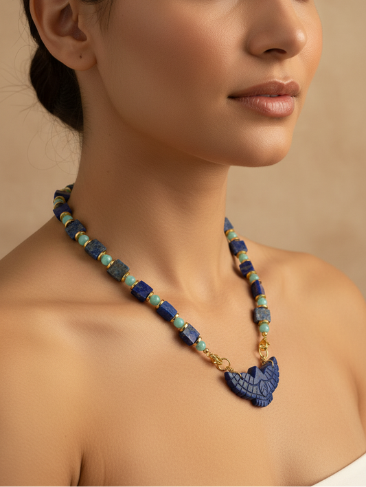 Collier Lapis Lazuli, Amazonite, pendentif Faucon