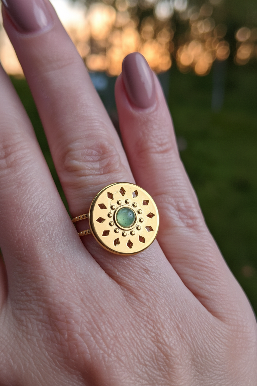 Bague Aventurine verte, acier inoxydable