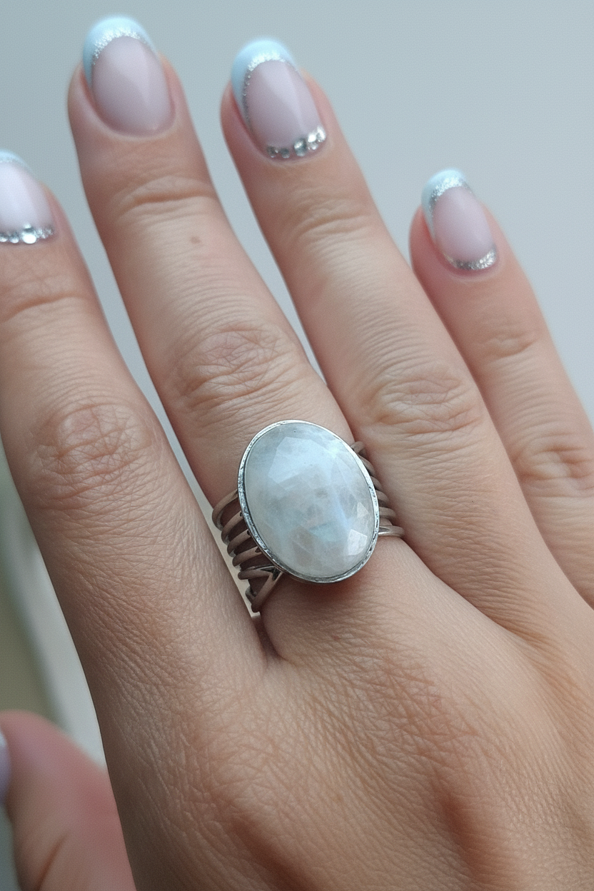 Bague Pierre de lune facettée, acier inoxydable