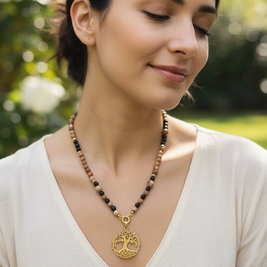 Collier Jaspe Paysage, Onyx noir mat