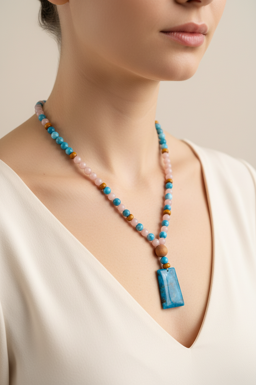 Collier Apatite bleue, Opale rose, bois